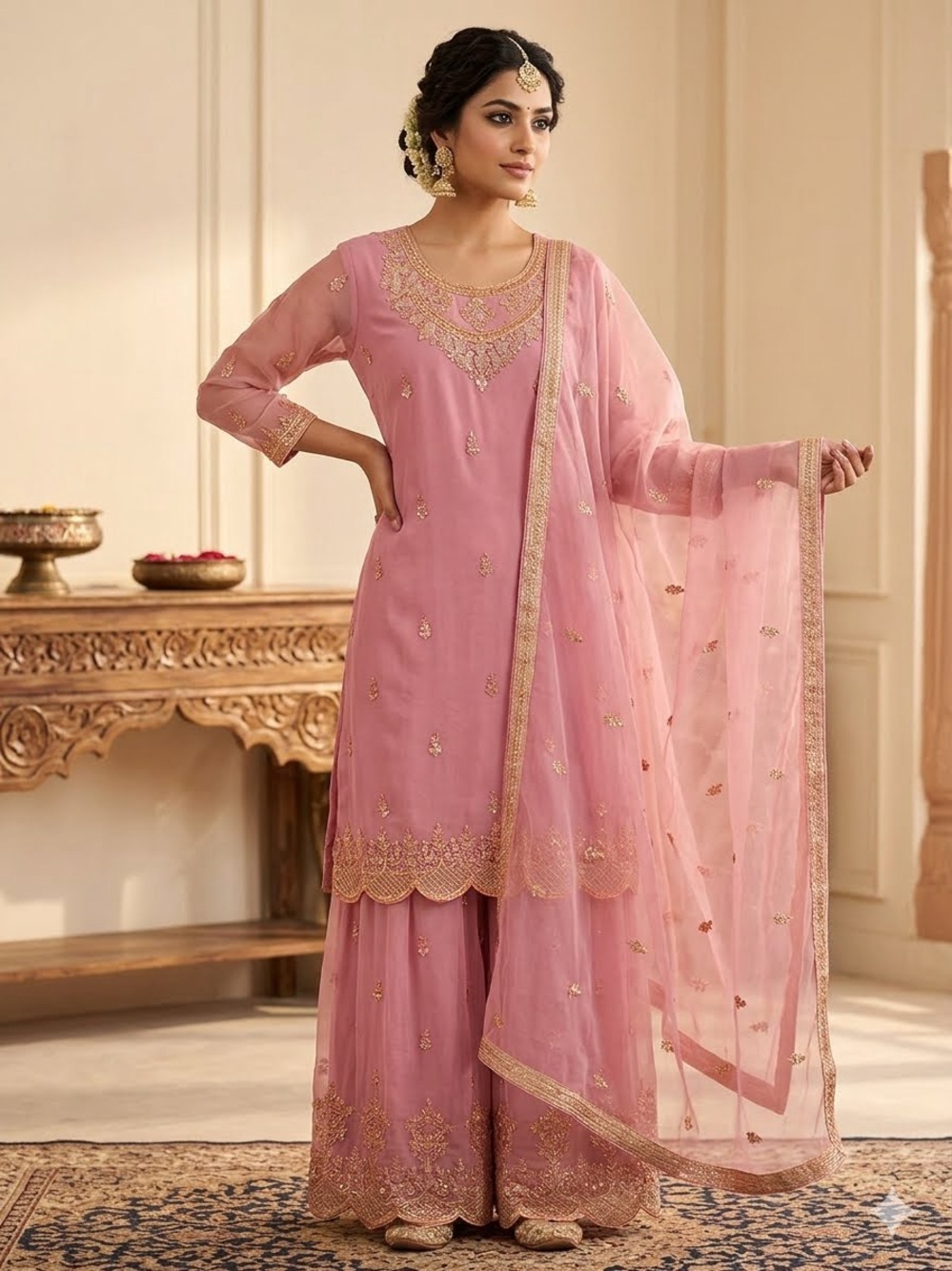 Beautiful Pink Net & Georgette Sharara Suit (3-Piece Set) with Embroidery XL